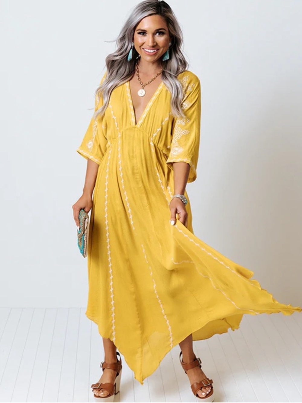 Yellow Embroidered Boho Midi Dress